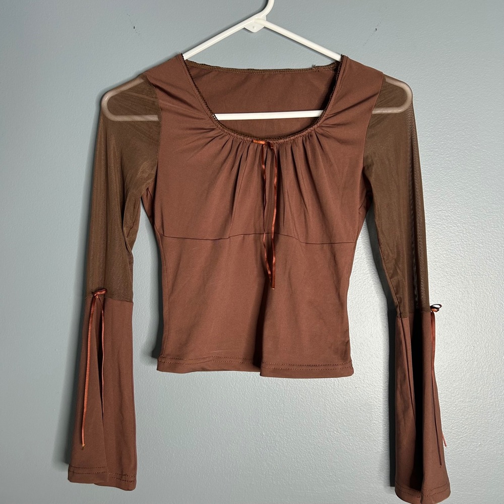 Brown flare sleeve retro boho top woman's small Y2K